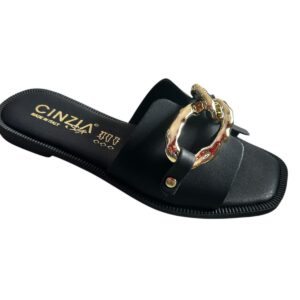 Ciabatta Cinzia soft  in ecopelle nero con accessorio oro